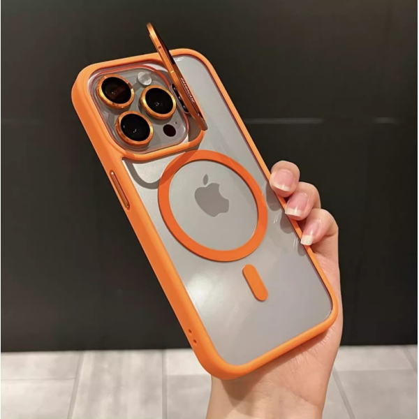 Чехол для iPhone 15 прозрачный с MagSafe и подставкой на камере Оранжевый