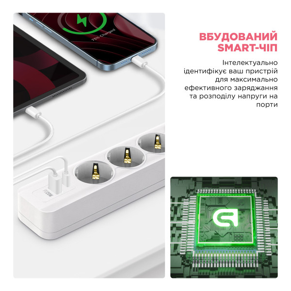 Мережевий фільтр-подовжувач ArmorStandart A-PS42 1.8m 4 розетки + USB-A + USB-C (PD20W) White